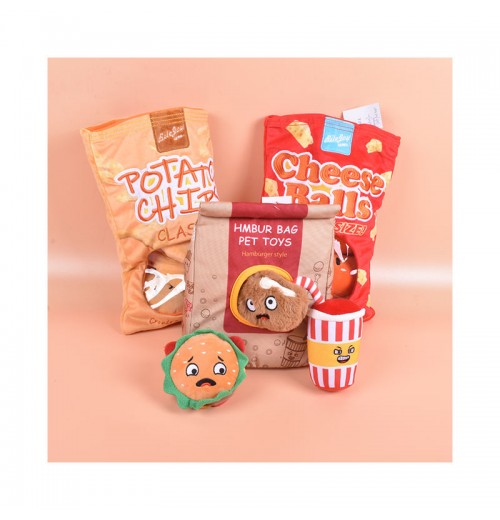 Wholesale Custom Fast Food Hamburger & Potato Chips Squeaky Chew Dog Toy Cotton Interactive Plush Dog Toy Wholesale Custom Fast Food Hamburger & Potato Chips Squeaky Chew Dog Toy Cotton Interactive Plush Dog Toy